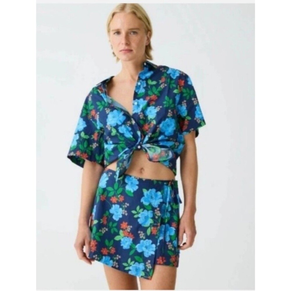 J.Crew Cotton Poplin Short Sleeve Button Up Shirt blue peony print NWT